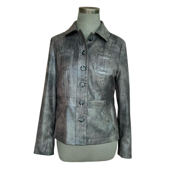 Women Jacket CHICOS Pewter Metallic Lined Blazer Button Front Long Sleeve Jacket - Picture 2 of 5